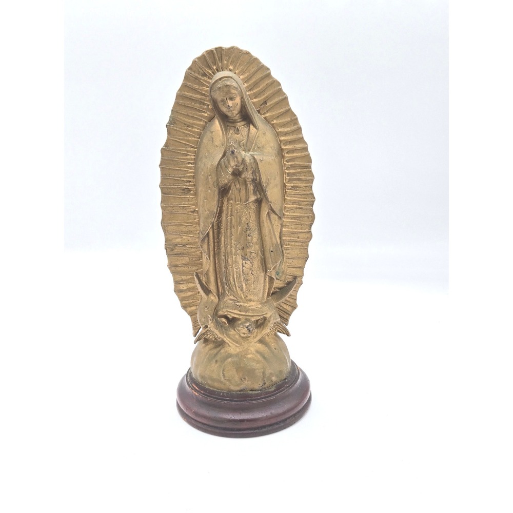 Vintage Our Lady of Guadalupe‎ Religious Statue Brass Wood Base Decor